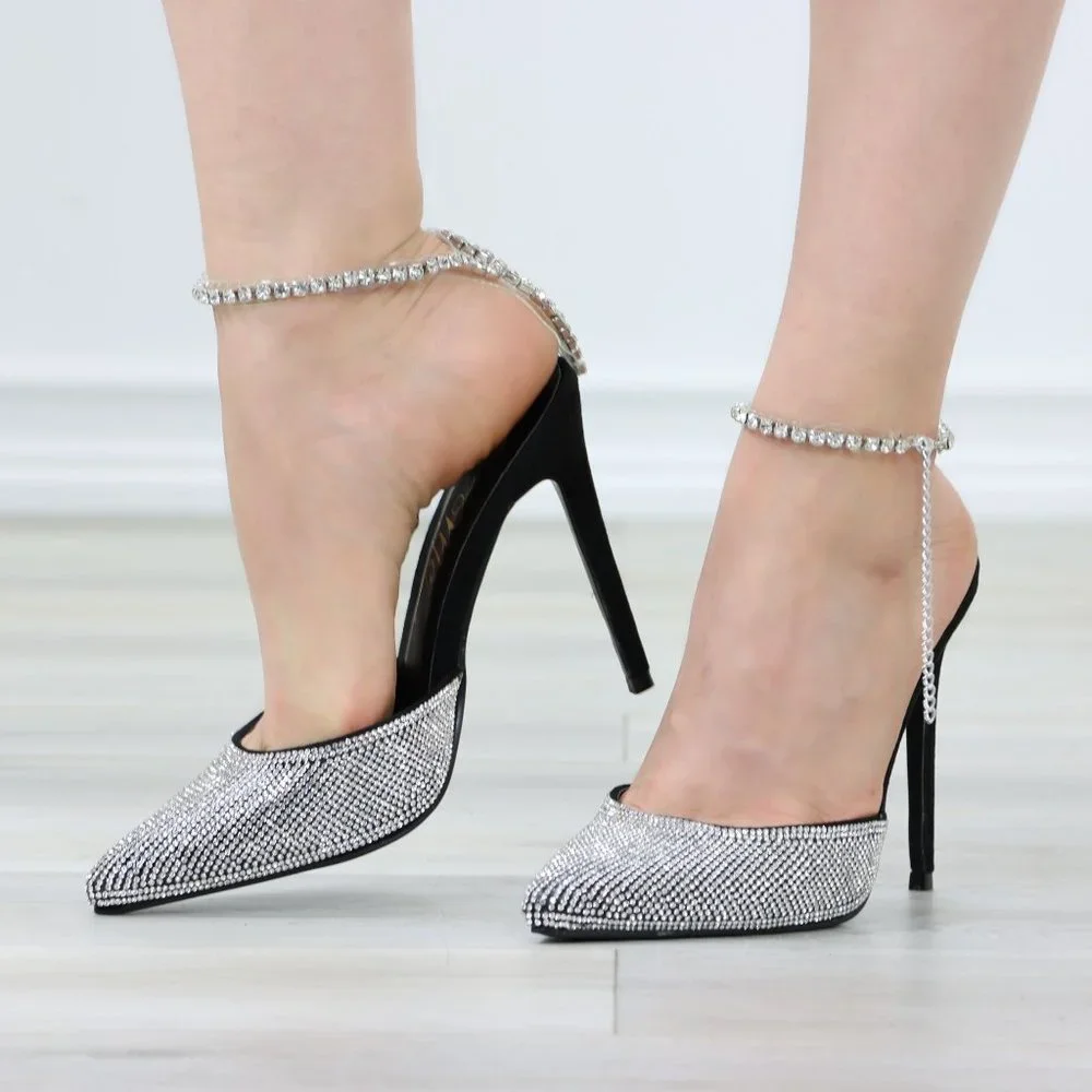 Black Pointed Toe Sparkly Rhinestone Ankle Strap High Heel Shoes Stiletto - Picture 10 of 13